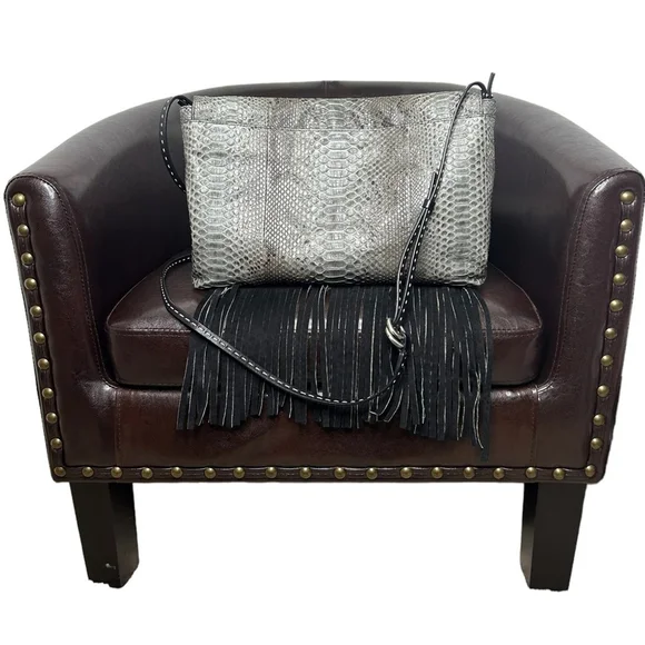 Michael Kors Collection Joni Gray Black Python Leather Fringe Fall Winter Clutch - Picture 5 of 16